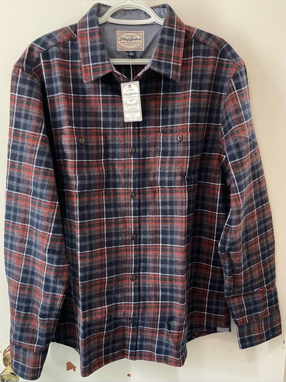 Flag & Anthem Men Navy Charcoal Orange Plaid Button Up Flannel Shirt Size Large